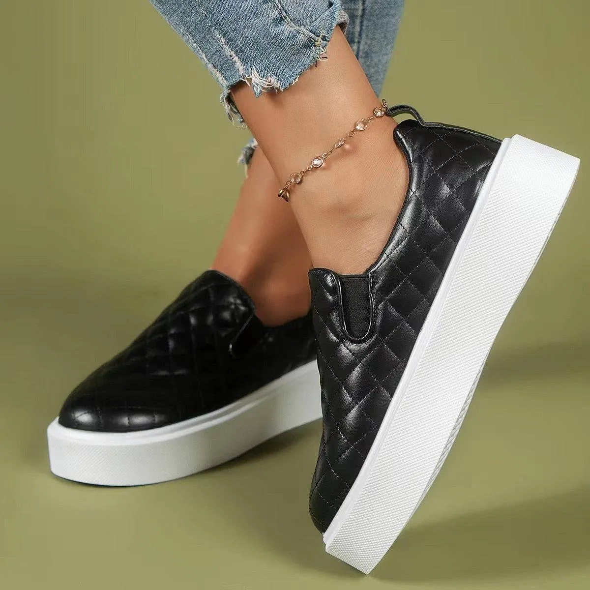 Slip-on Flats Loafers Lightweight  Casual Platform Shoes White/Black