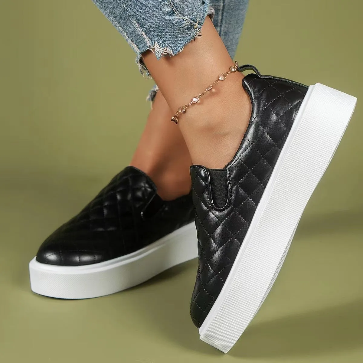 Slip-on Flats Loafers Lightweight  Casual Platform Shoes White/Black