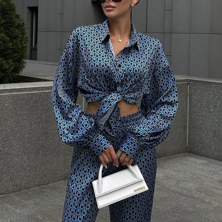 Sophisticated Printed Long Sleeve Shirt and Wide-Leg Pants Two-Piece Set for Autumn Elegance
