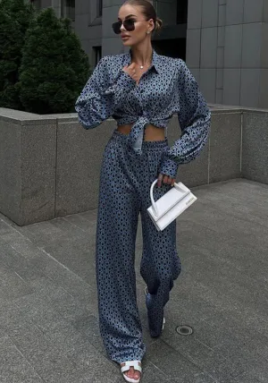 Sophisticated Printed Long Sleeve Shirt and Wide-Leg Pants Two-Piece Set for Autumn Elegance