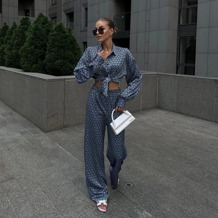 Sophisticated Printed Long Sleeve Shirt and Wide-Leg Pants Two-Piece Set for Autumn Elegance
