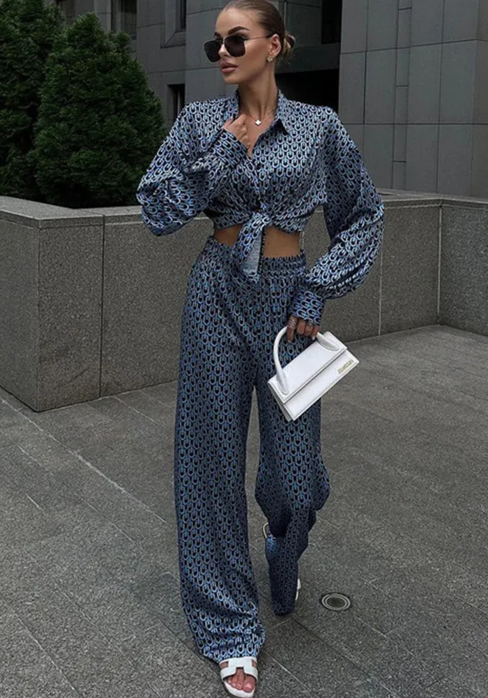 Sophisticated Printed Long Sleeve Shirt and Wide-Leg Pants Two-Piece Set for Autumn Elegance