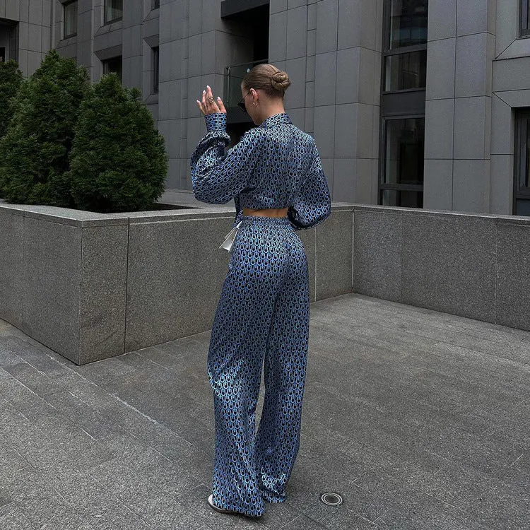 Sophisticated Printed Long Sleeve Shirt and Wide-Leg Pants Two-Piece Set for Autumn Elegance