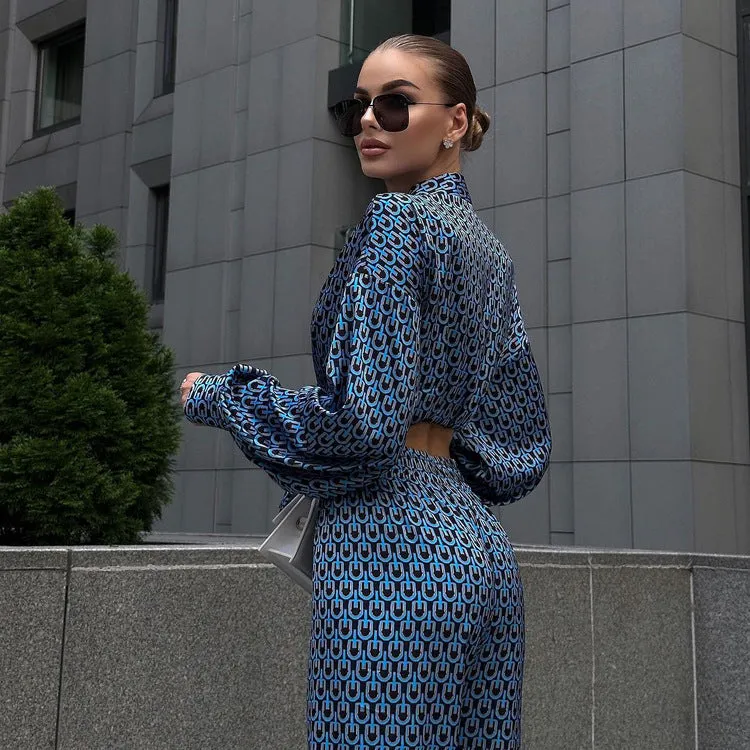Sophisticated Printed Long Sleeve Shirt and Wide-Leg Pants Two-Piece Set for Autumn Elegance