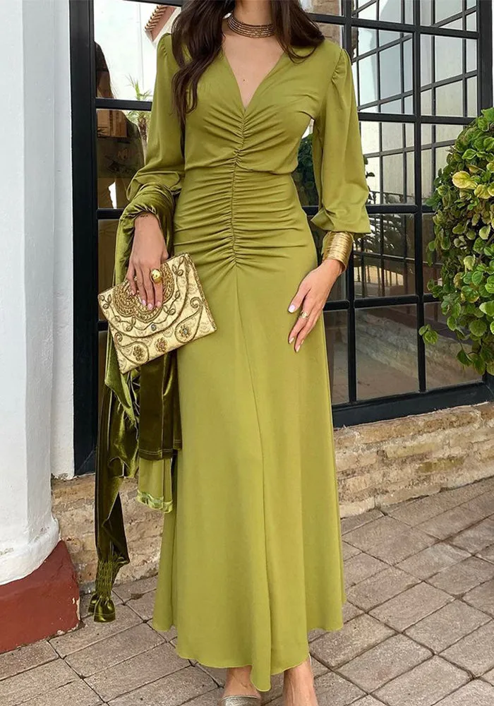 Sophisticated V-Neck Ruched Long-Sleeve Maxi Dress