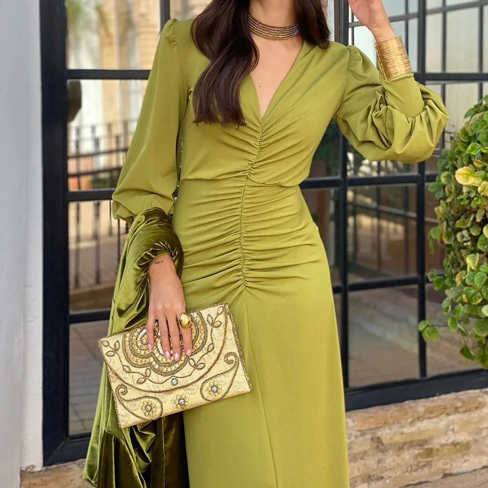 Sophisticated V-Neck Ruched Long-Sleeve Maxi Dress