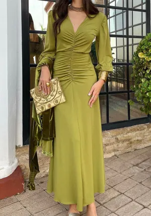 Sophisticated V-Neck Ruched Long-Sleeve Maxi Dress