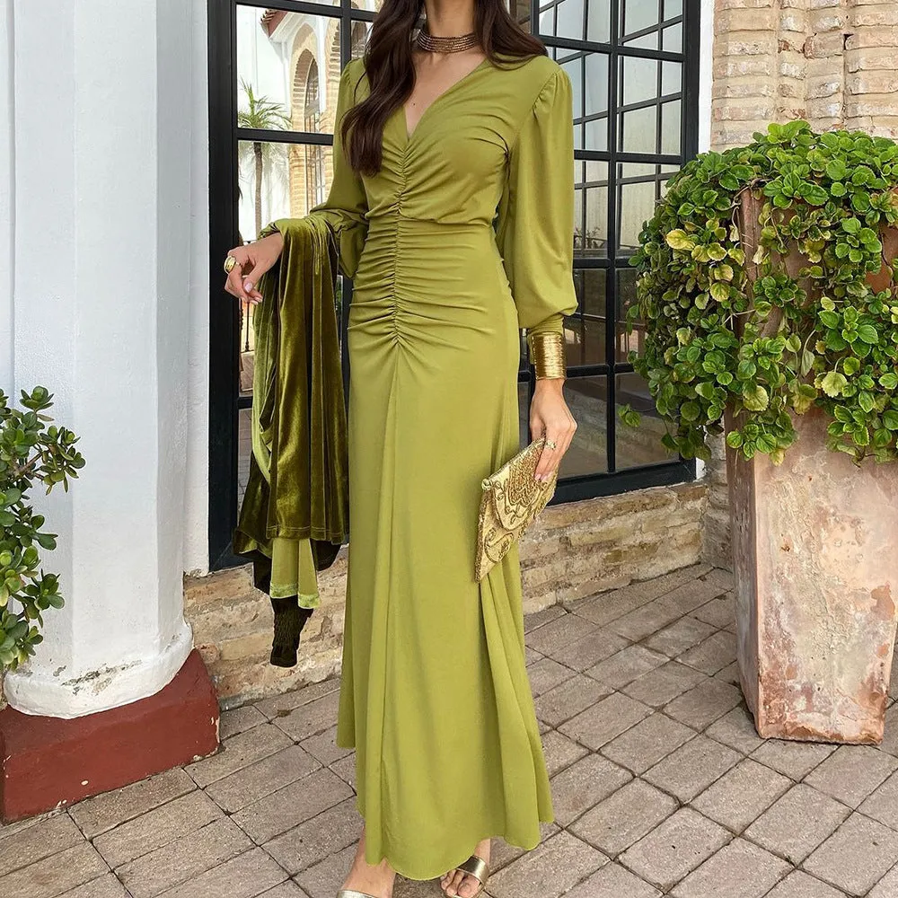 Sophisticated V-Neck Ruched Long-Sleeve Maxi Dress