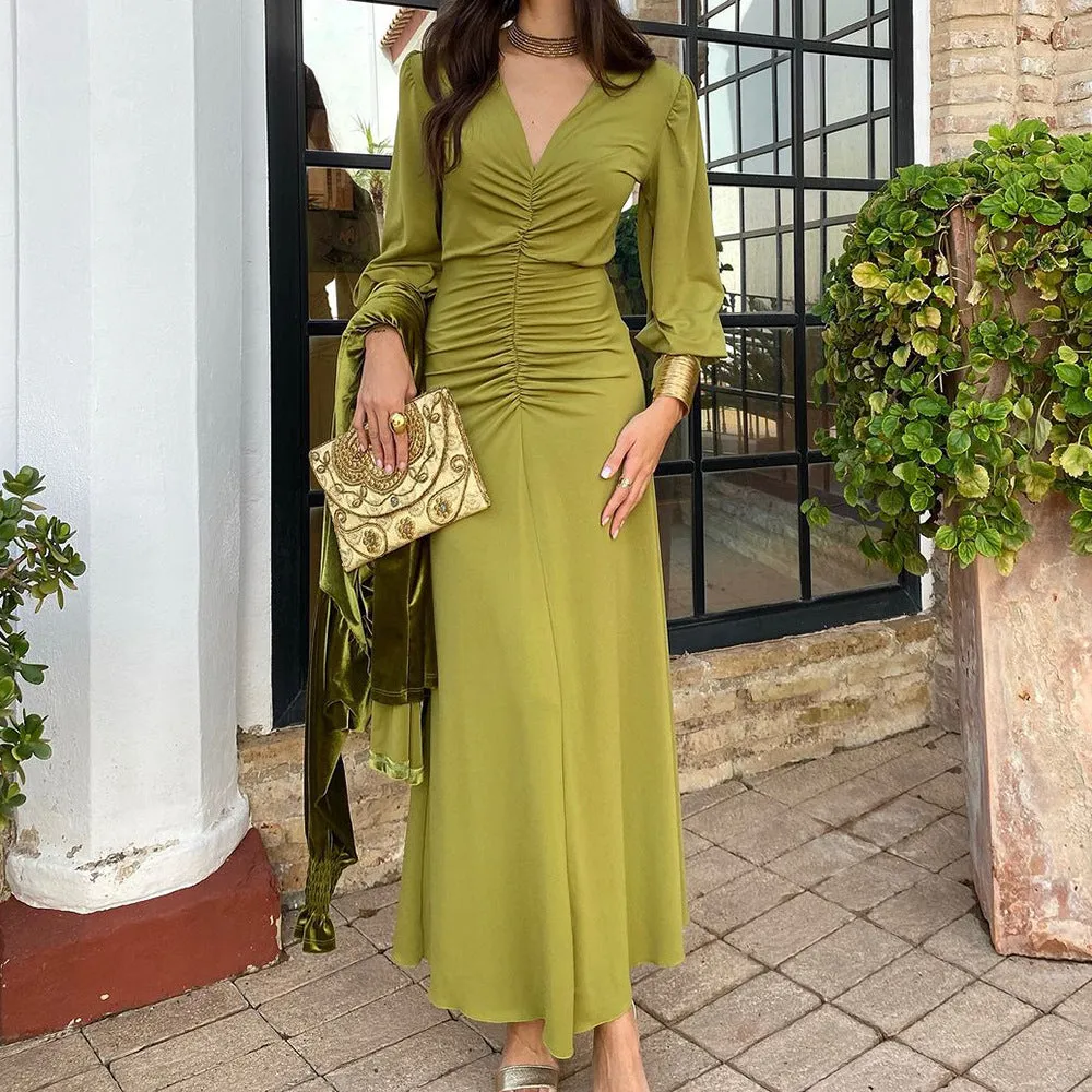 Sophisticated V-Neck Ruched Long-Sleeve Maxi Dress