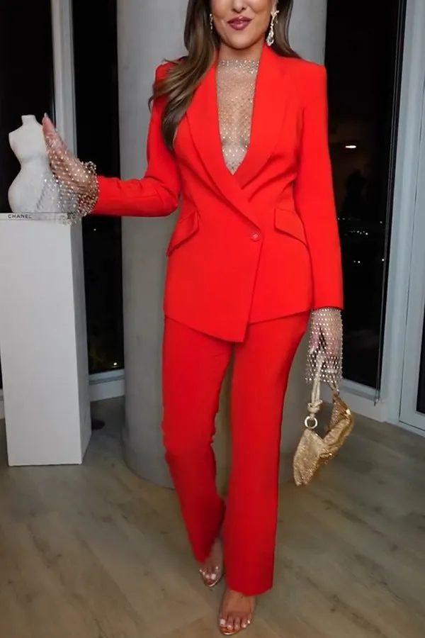 Striking Red Blazer and Pants Two-Piece Power Suit