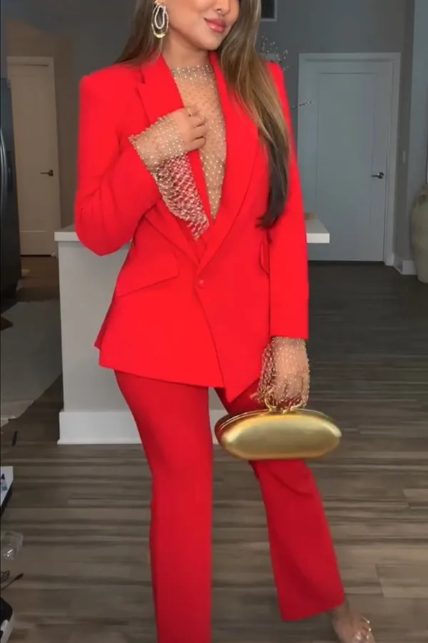 Striking Red Blazer and Pants Two-Piece Power Suit