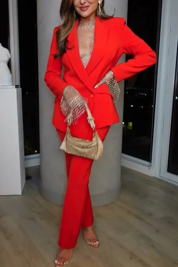 Striking Red Blazer and Pants Two-Piece Power Suit