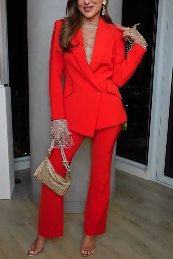 Striking Red Blazer and Pants Two-Piece Power Suit
