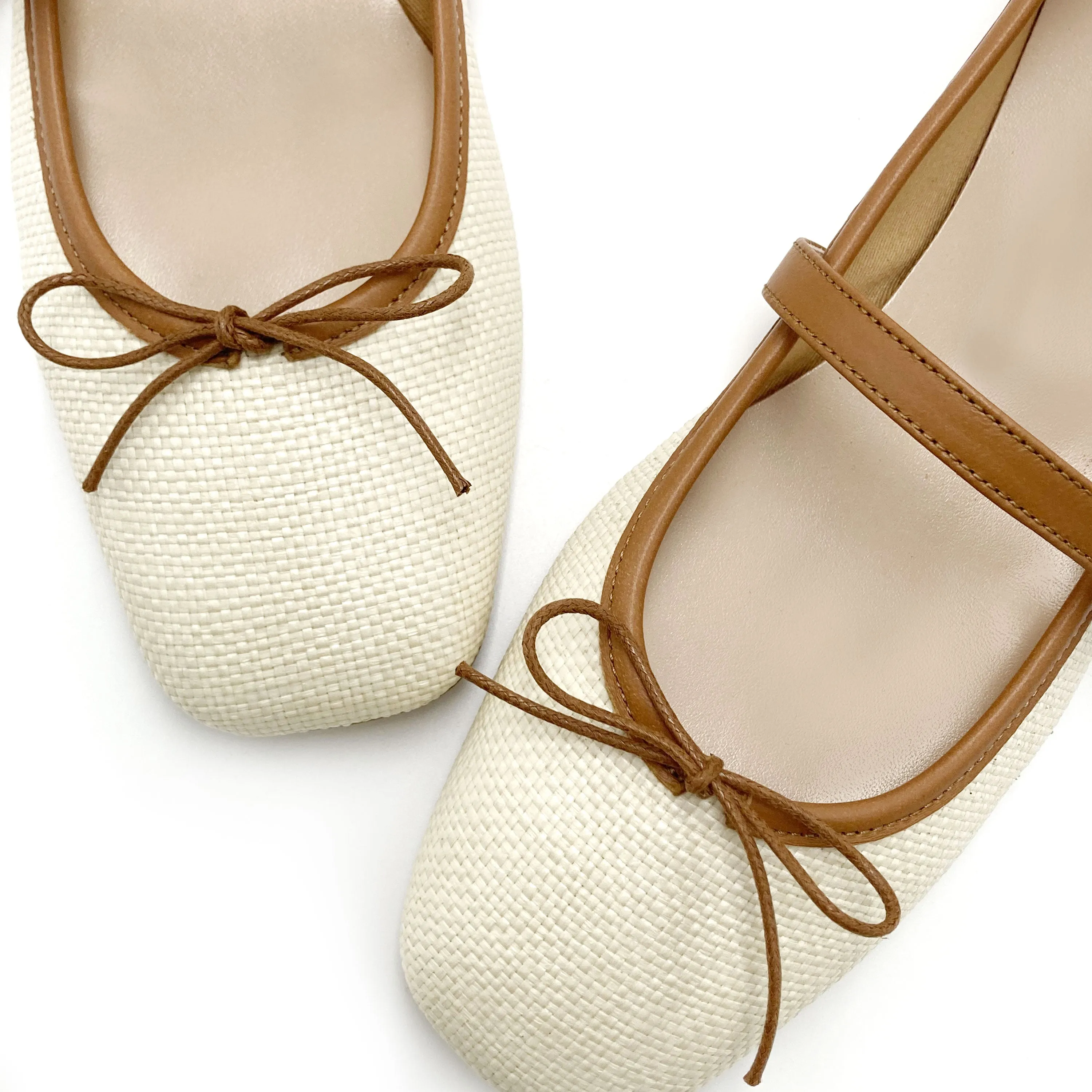 Summer Square Toe Mary Jane Ballet Flats with Beige Raffia Strap