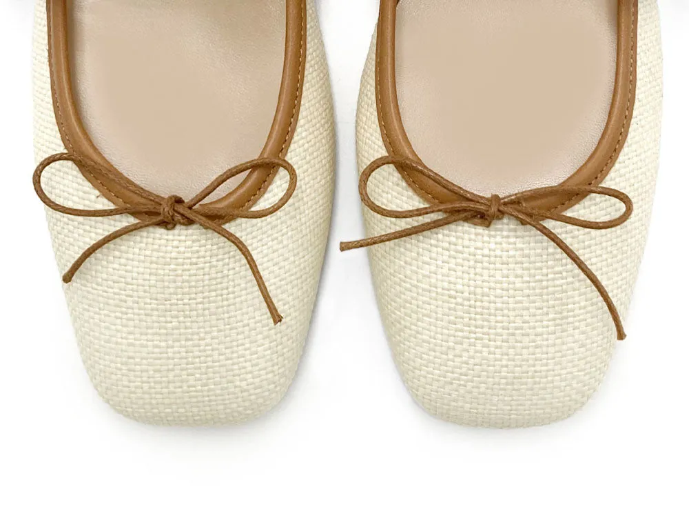 Summer Square Toe Mary Jane Ballet Flats with Beige Raffia Strap