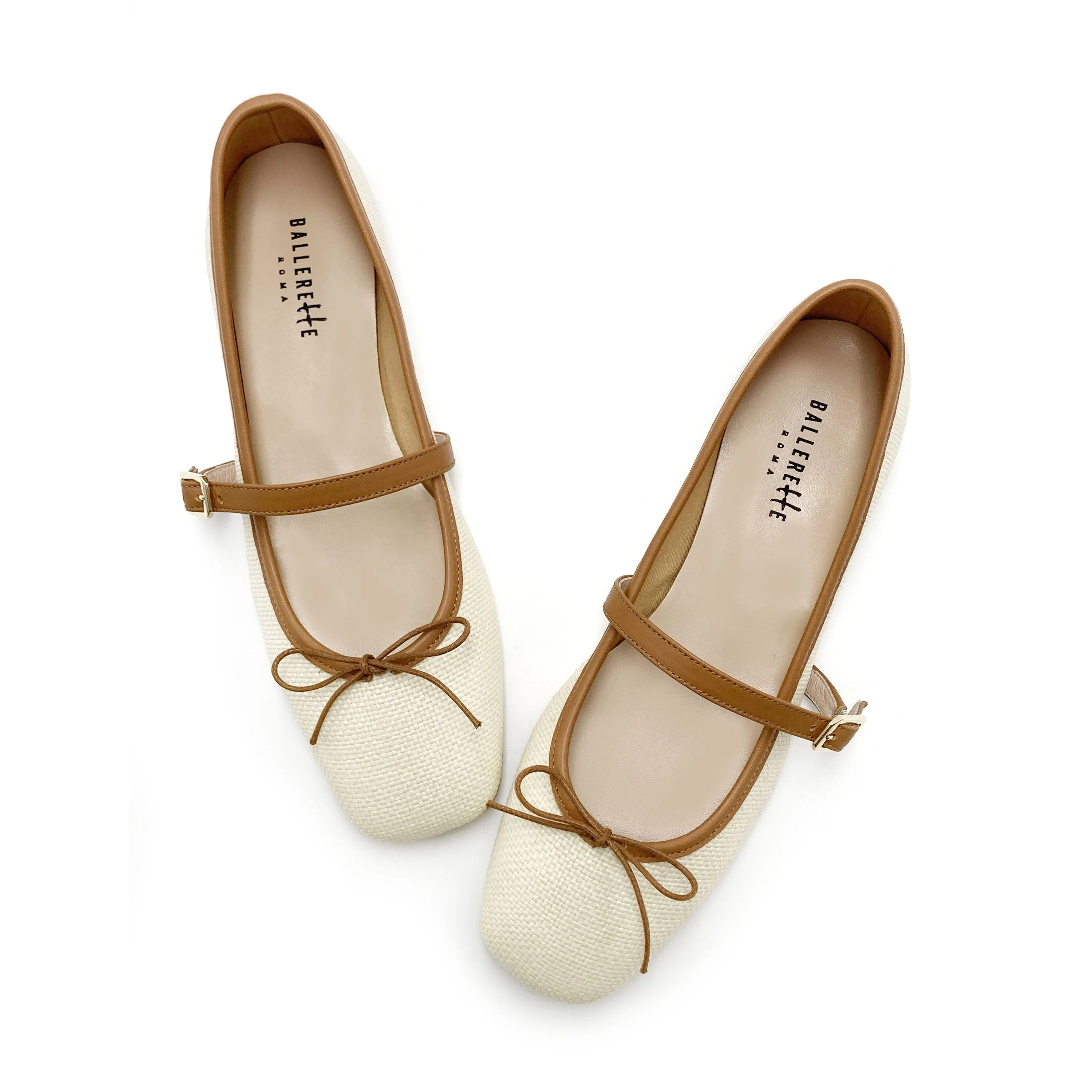 Summer Square Toe Mary Jane Ballet Flats with Beige Raffia Strap