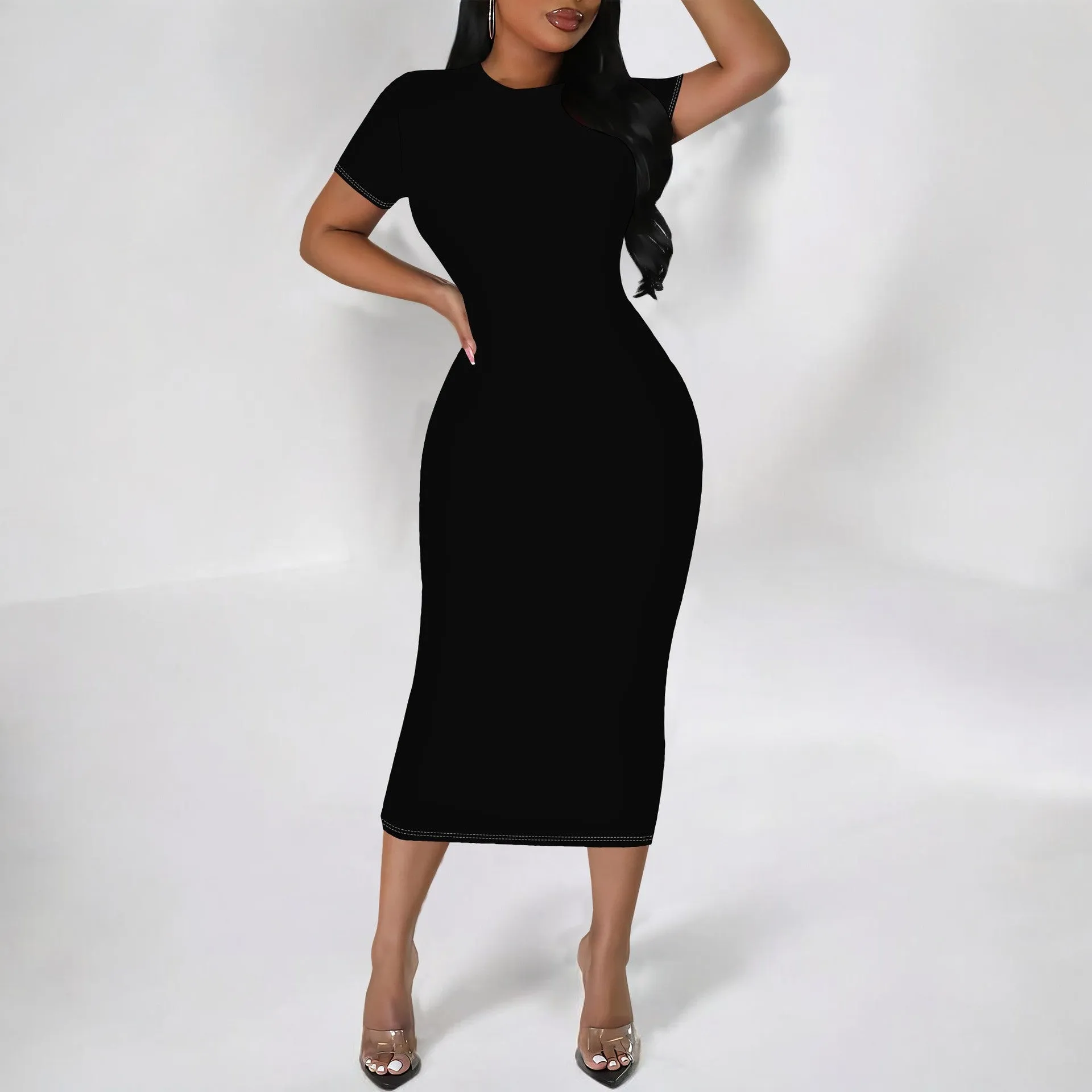 Timeless Elegance Short-Sleeve Bodycon Midi Dress