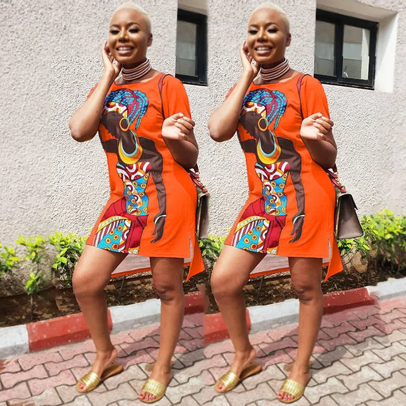 Vibrant African-Inspired Graphic Print Short Sleeve Casual Dress