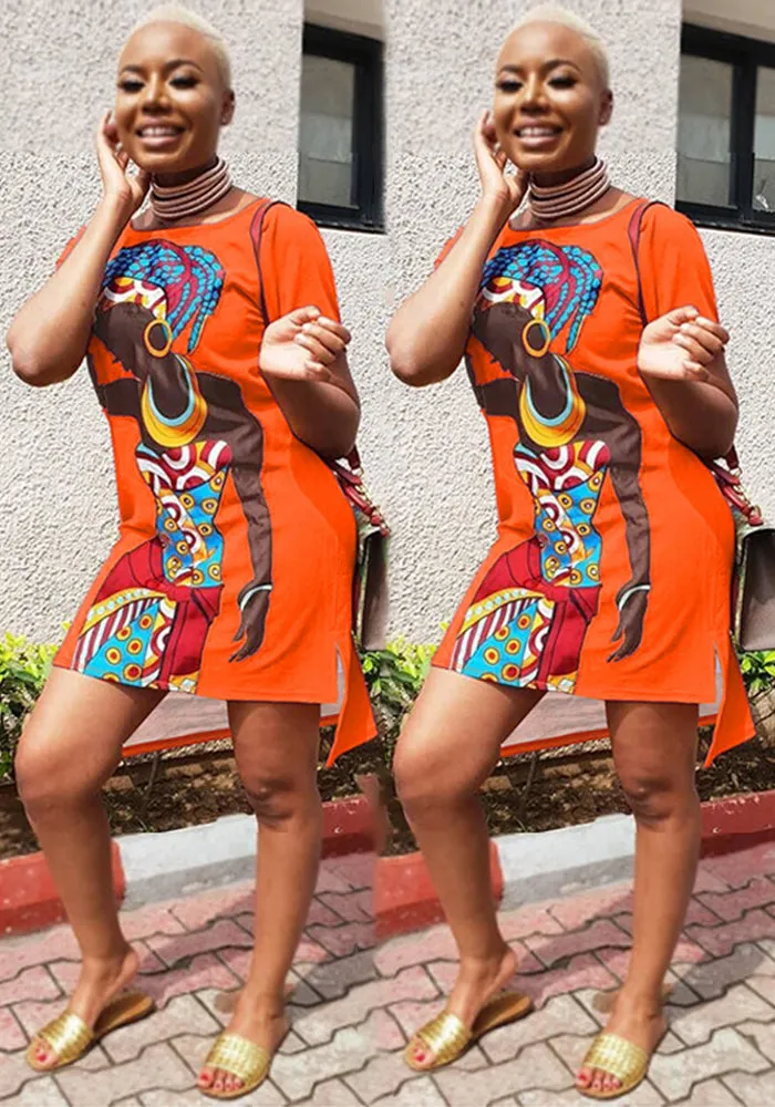 Vibrant African-Inspired Graphic Print Short Sleeve Casual Dress
