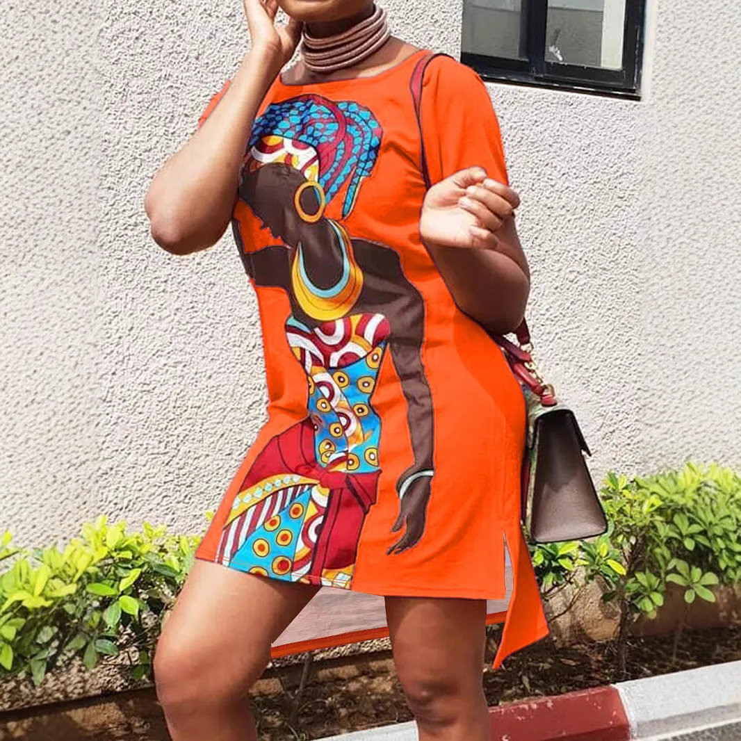 Vibrant African-Inspired Graphic Print Short Sleeve Casual Dress