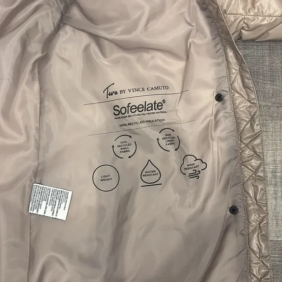 vince camuto tan puffer hooded jacket NWT
