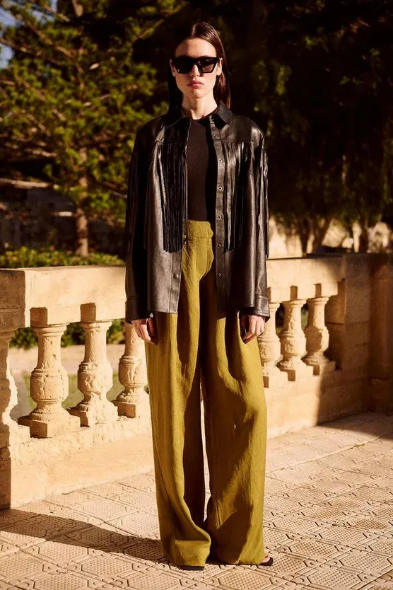 Viscose Linen Pleat And Pocket Detail Woven Straight Leg Trouser