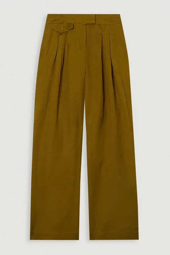 Viscose Linen Pleat And Pocket Detail Woven Straight Leg Trouser