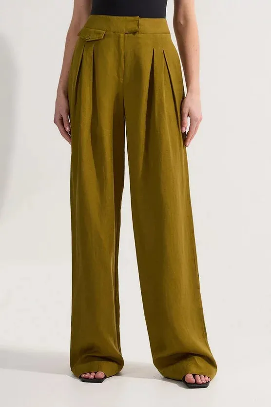 Viscose Linen Pleat And Pocket Detail Woven Straight Leg Trouser