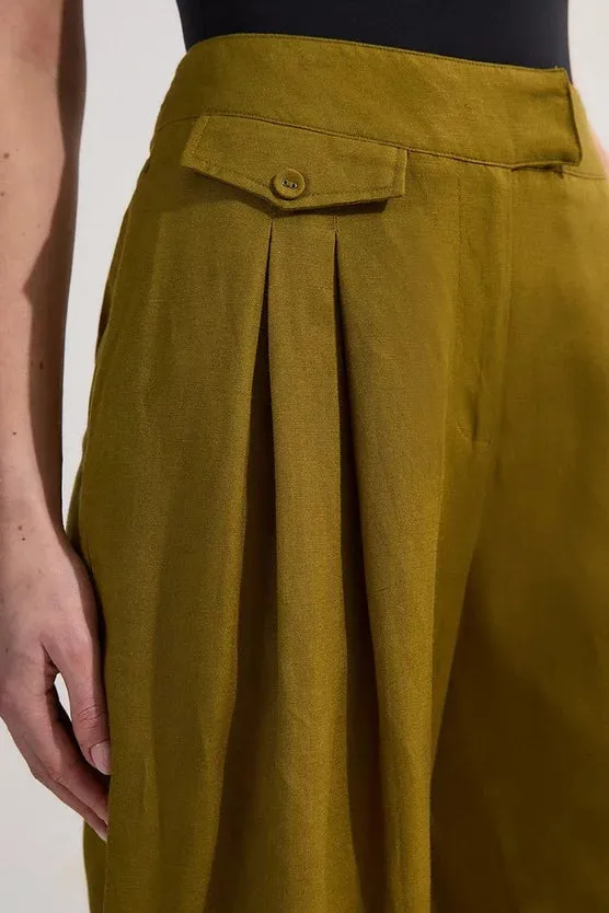 Viscose Linen Pleat And Pocket Detail Woven Straight Leg Trouser