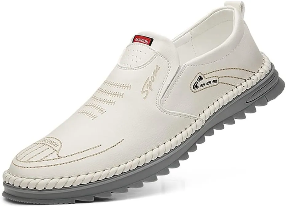 White Men's soft sole Stitched Breathable casual Loafer shoes