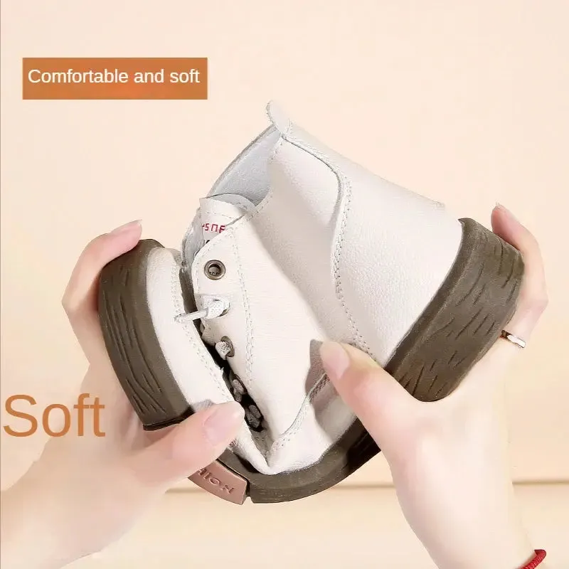 Women Casual Genuine Leather Soft Sole Higth Top Walking Sneaker Girl Student Sport Jogging Shoes Flats Trendy Marton Ankle Boot