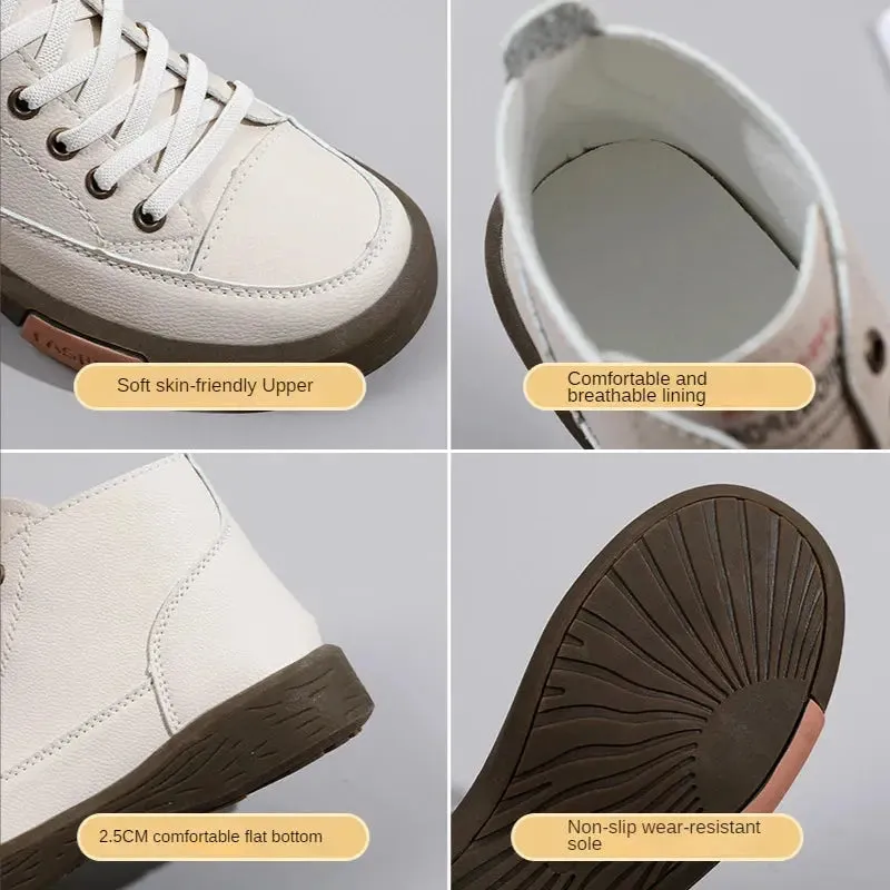 Women Casual Genuine Leather Soft Sole Higth Top Walking Sneaker Girl Student Sport Jogging Shoes Flats Trendy Marton Ankle Boot