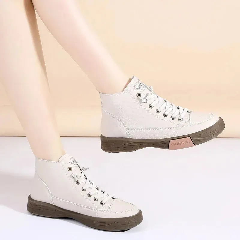 Women Casual Genuine Leather Soft Sole Higth Top Walking Sneaker Girl Student Sport Jogging Shoes Flats Trendy Marton Ankle Boot