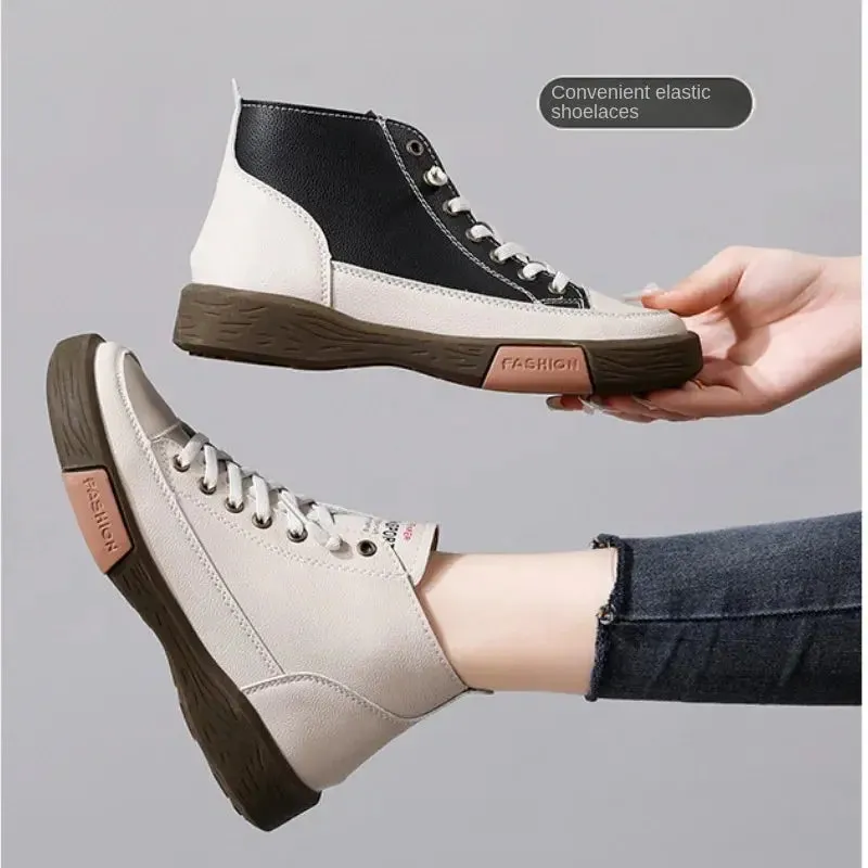 Women Casual Genuine Leather Soft Sole Higth Top Walking Sneaker Girl Student Sport Jogging Shoes Flats Trendy Marton Ankle Boot