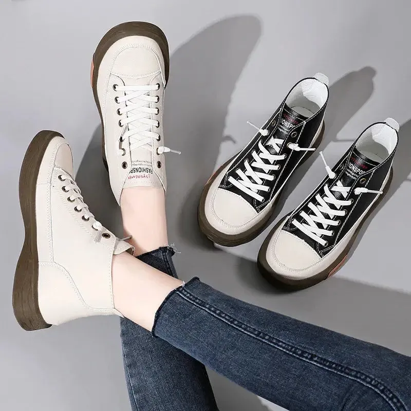 Women Casual Genuine Leather Soft Sole Higth Top Walking Sneaker Girl Student Sport Jogging Shoes Flats Trendy Marton Ankle Boot