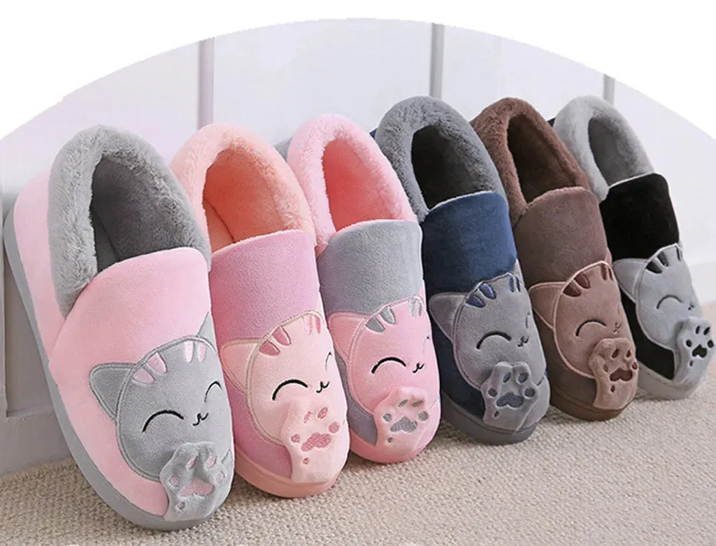 Women Winter Warm Slippers Cartoon Cat Shoes Furry Plush Slides Round Toe Flats Indoor Home Bedroom Floor Slippers Ladies Shoes
