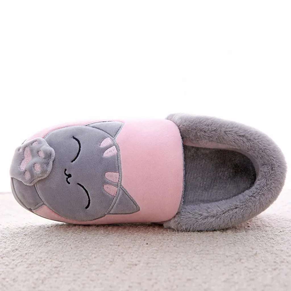 Women Winter Warm Slippers Cartoon Cat Shoes Furry Plush Slides Round Toe Flats Indoor Home Bedroom Floor Slippers Ladies Shoes