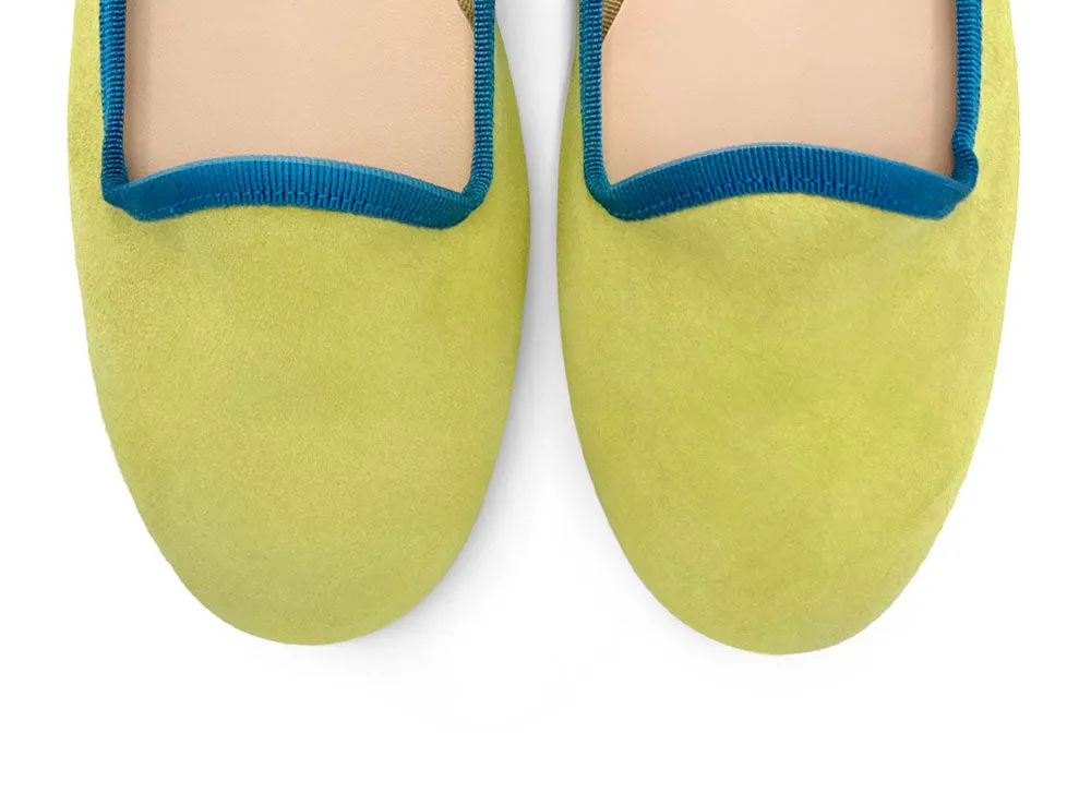 Women’s Lime Green Suede Loafers with Petrol Blue Details