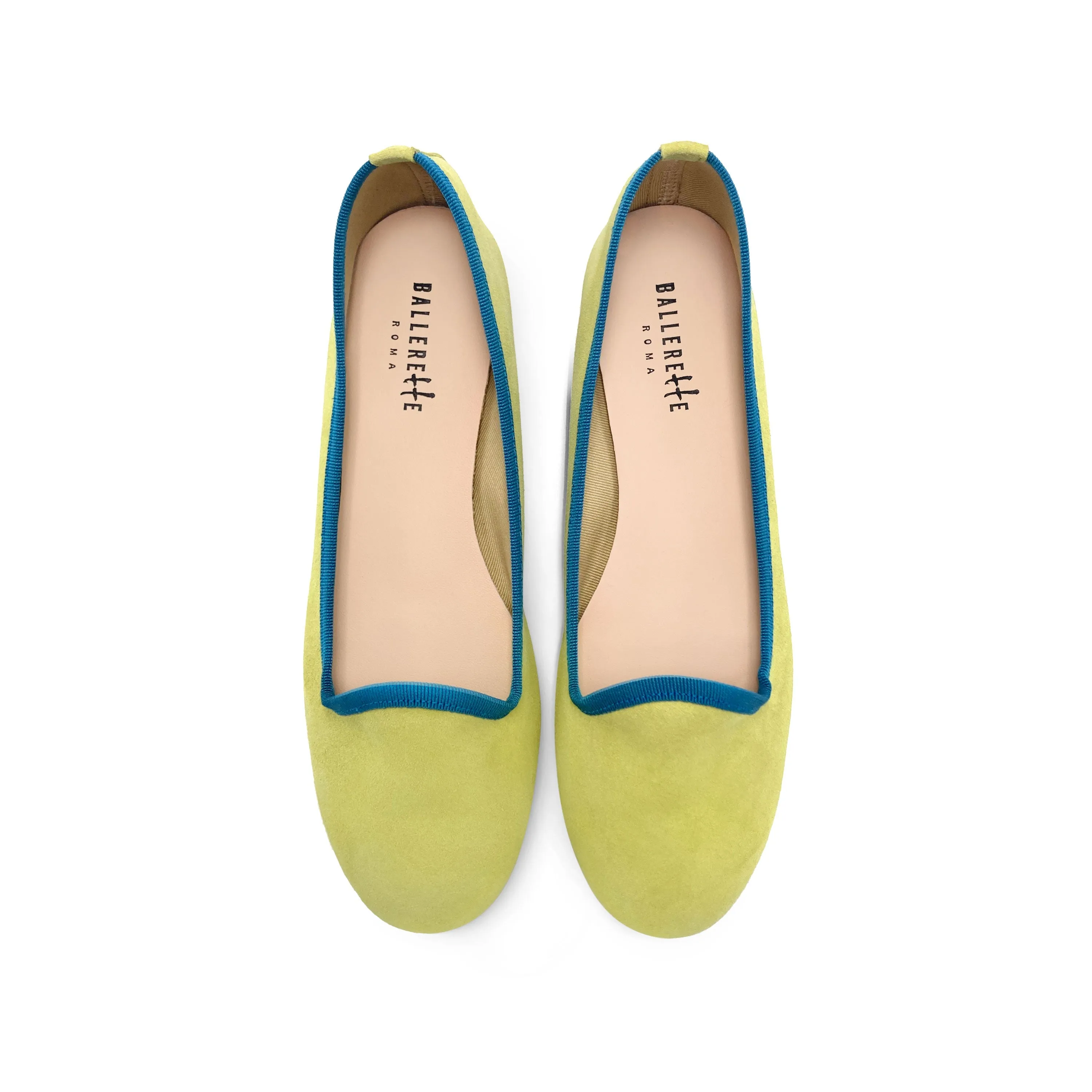 Women’s Lime Green Suede Loafers with Petrol Blue Details