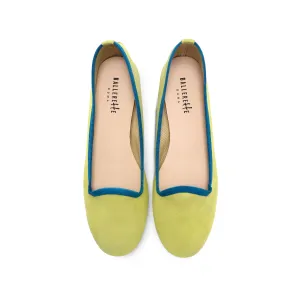 Women’s Lime Green Suede Loafers with Petrol Blue Details