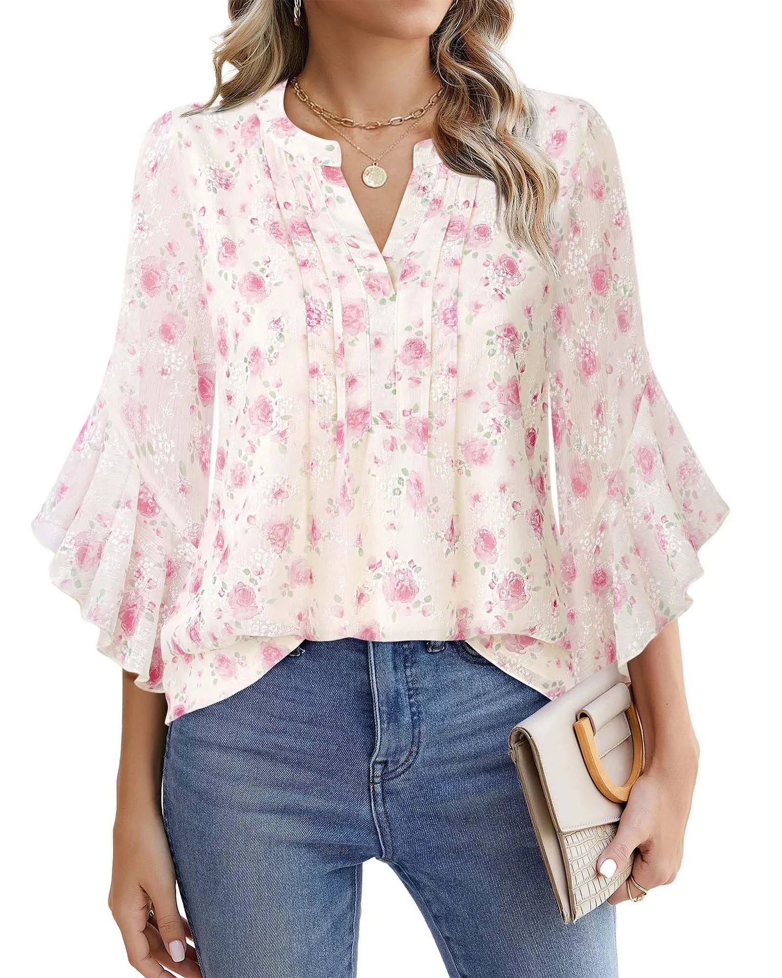 Women's Three-quarters Sleeve Tops Dressy Casual Business Work Blouses Chiffon Office Shirts