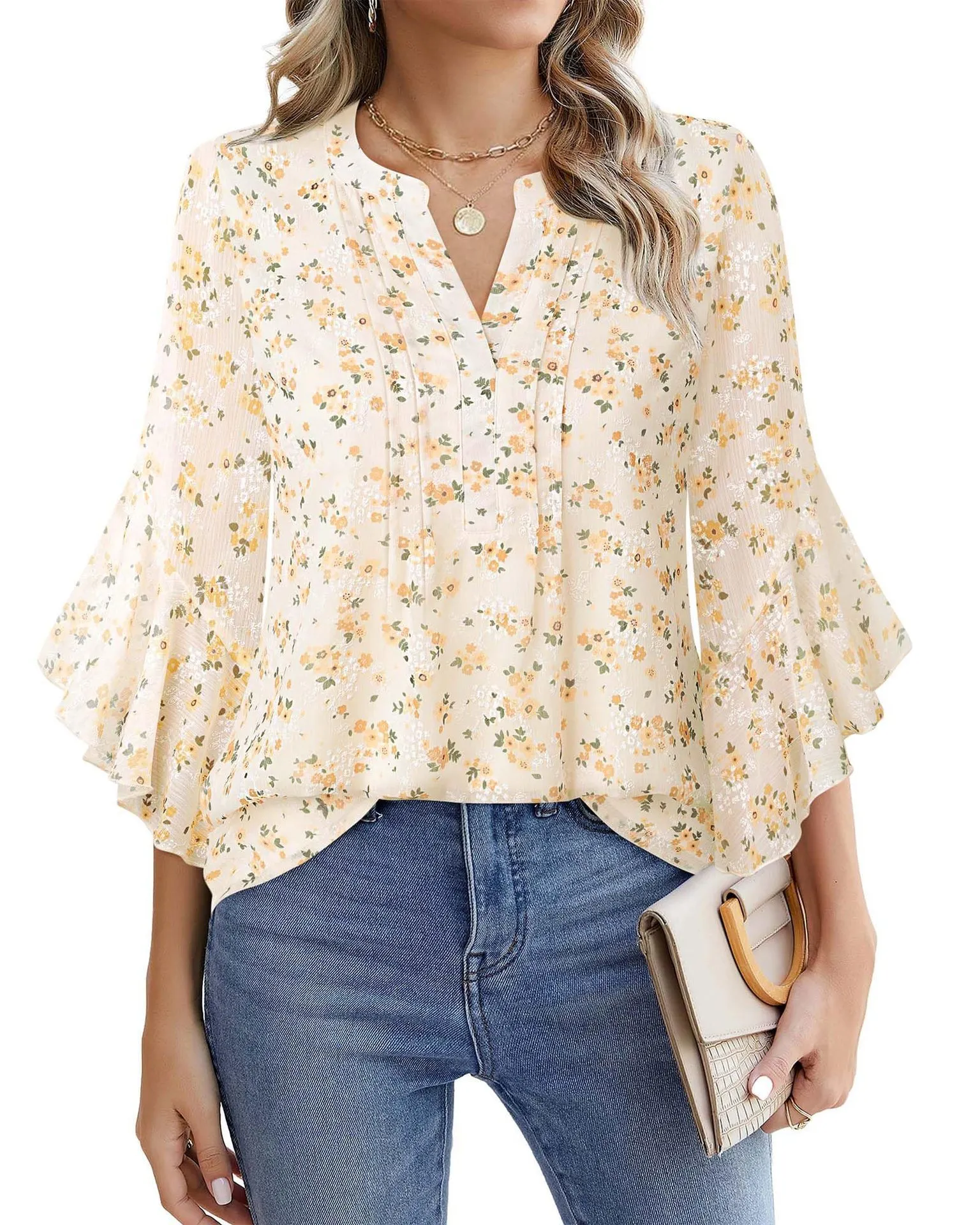 Women's Three-quarters Sleeve Tops Dressy Casual Business Work Blouses Chiffon Office Shirts