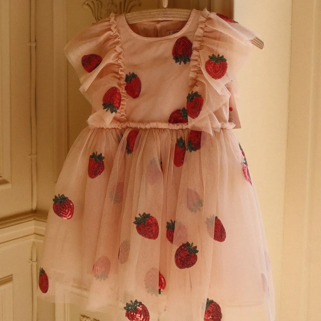 Yvonne Sequin Strawberry Print Tulle Party Dress